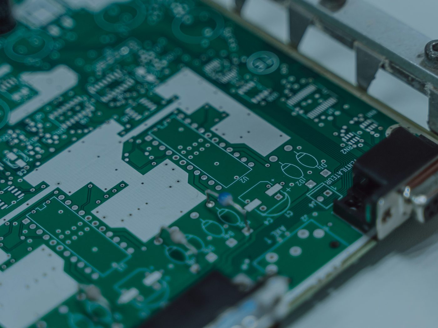 Macro photograph of a densely populated printed circuit board
