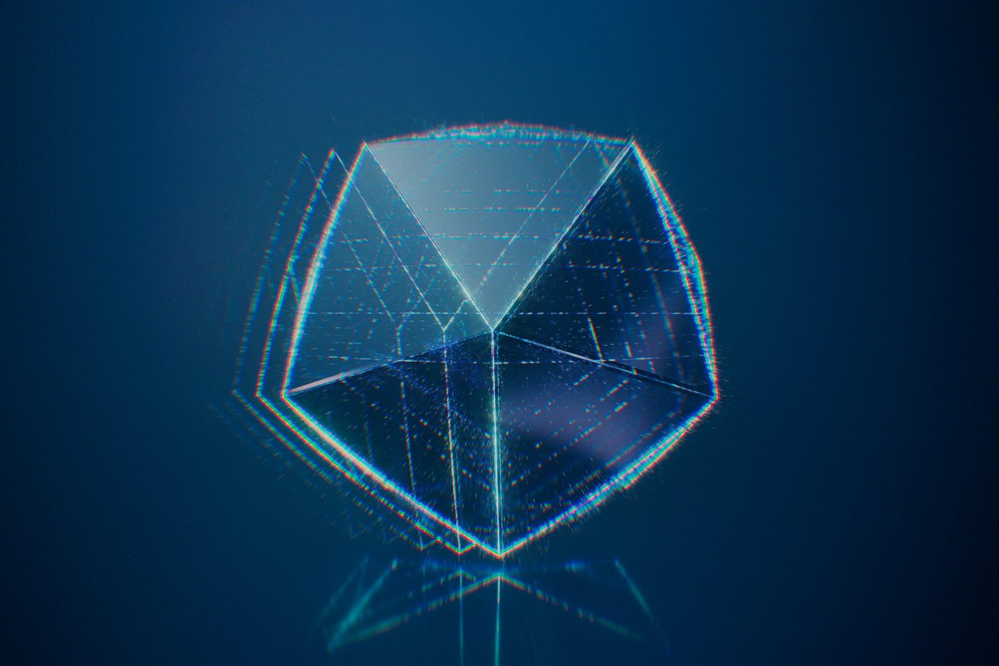 Abstract geometric shield rendered in blue and teal wireframe